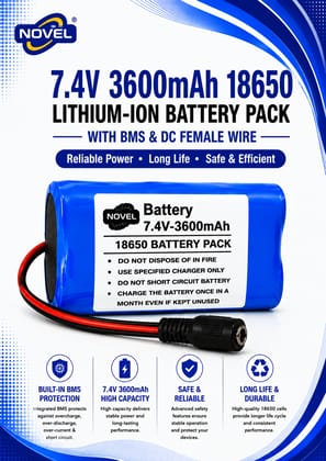 NOVEL 11.1V / 12V / 12.6V 18650 BMS LITHIUM ION BATTERY PACK WITH DC FEMALE + MALE- 3600mAh