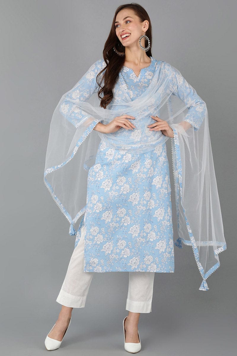 Blue Cotton blend Floral Straight Kurta Pant With Dupatta VKSKD1716