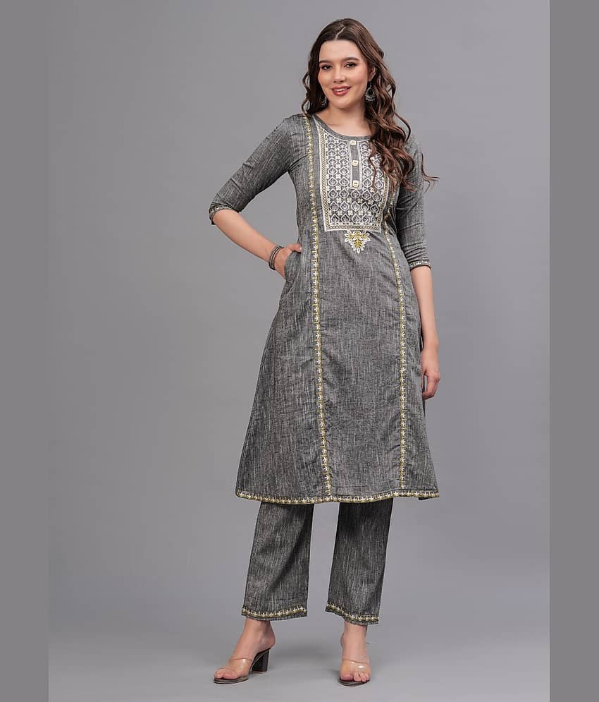 MAUKA Cotton Embroidered Kurti With Palazzo Women's Stitched Salwar Suit - Grey ( Pack of 1 )