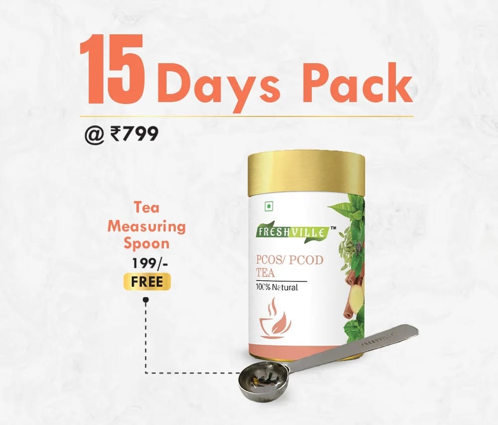 Freshville PCOS PCOD Tea | Pure & Natural | Helps In Hormonal Imbalance & Facial Hair & Acne | Caffeine Free | Ginger, Fenugreek, Spearmint, Cinnamon, Fennel, Tulsi, Lodhra, Ashoka, Green tea