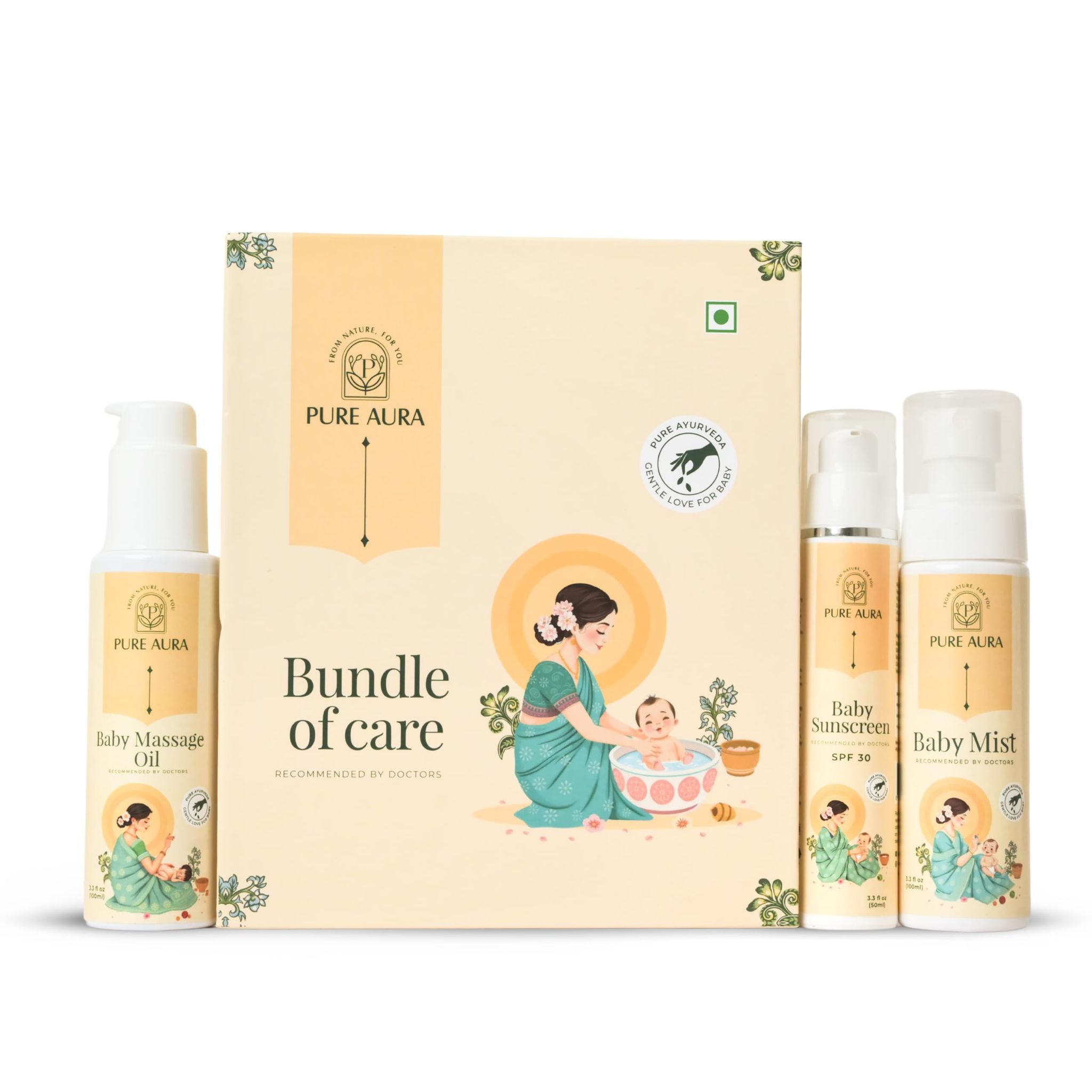 Pure Aura Soothing Care Trio | Baby Body Mist, Nourishing Massage Oil & SPF 30 Sunscreen | Calming Hydration & Sun Protection | Ayurvedic Skincare for Babies