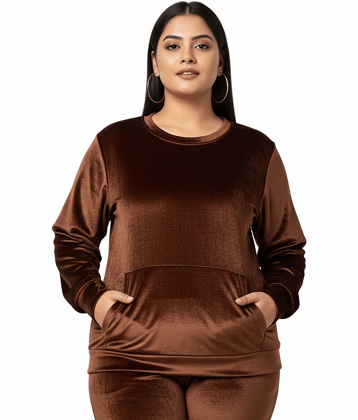 HeteShe Women Velvet Round Neck Sweatshirt For ( Brown )