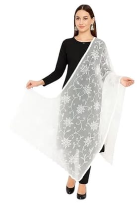 White Organza Embroidered Dupatta For Women With Elegant Cut Work Border | Lightweight Festive Ethnic Stole For Weddings And Parties | Premium Sheer Fabric Dupatta 2.25 x 1 Meter