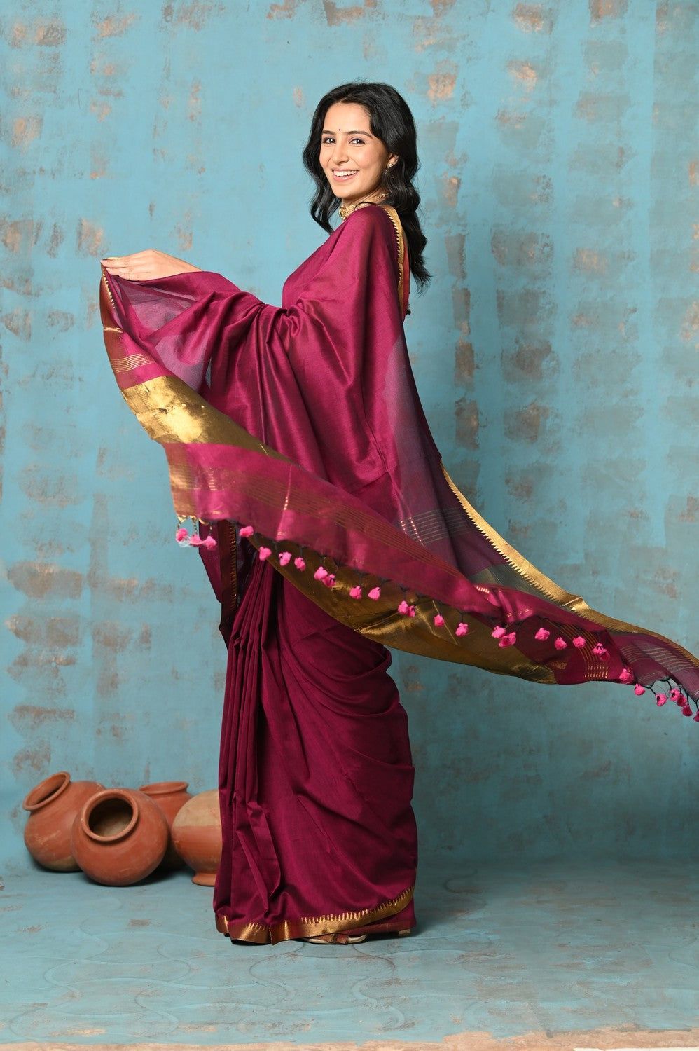 Designed by VMI - High Quality Comfortable Cotton Handloom Woven with Sleek Border and Flower Buttis~ Magenta