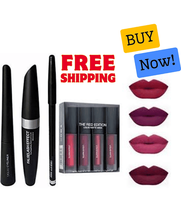 Lenon (Complete Eye & Lip Makeup Set) Matte Lipstick & Eyeliner, Eyebrow Pencil Mascara Black Pack of 2