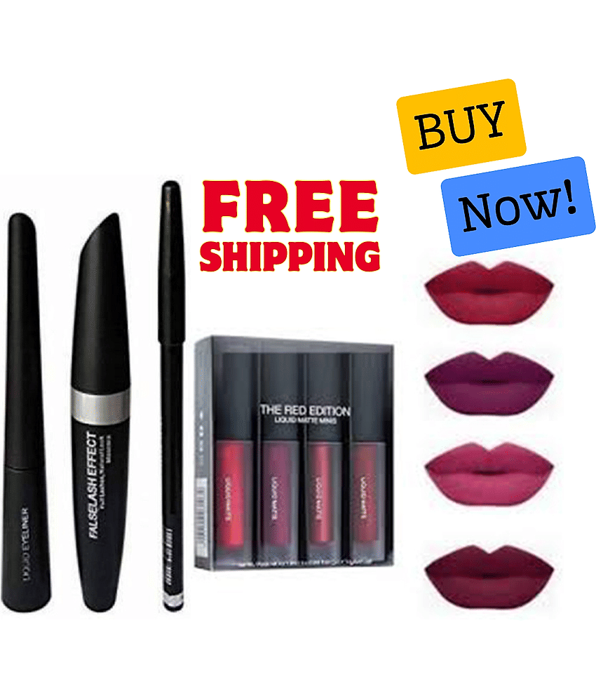 Lenon (Complete Eye & Lip Makeup Set) Matte Lipstick & Eyeliner, Eyebrow Pencil Mascara Black Pack of 2
