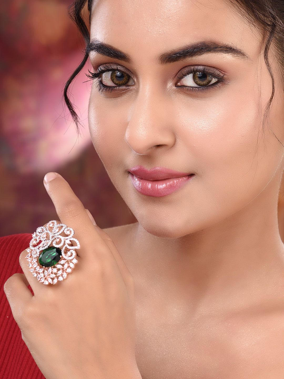 Rose Gold Plated Green AD Encrusted Quirky Floral Finger Ring