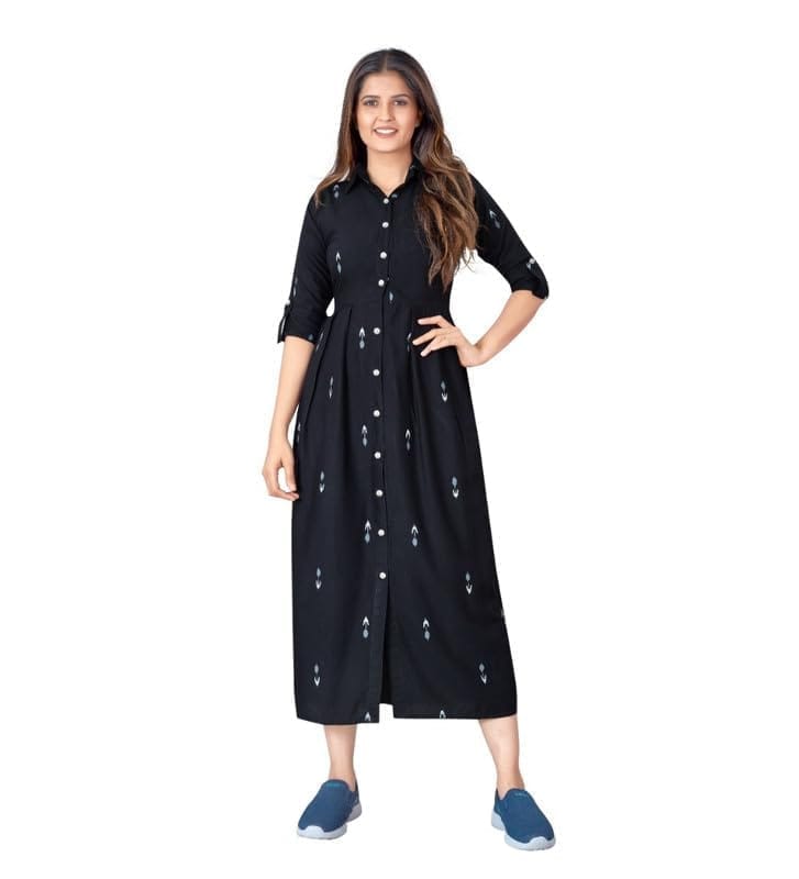 Women's Casual 3/4th Sleeve Printed Rayon Kurti (Black, L)-PID46178