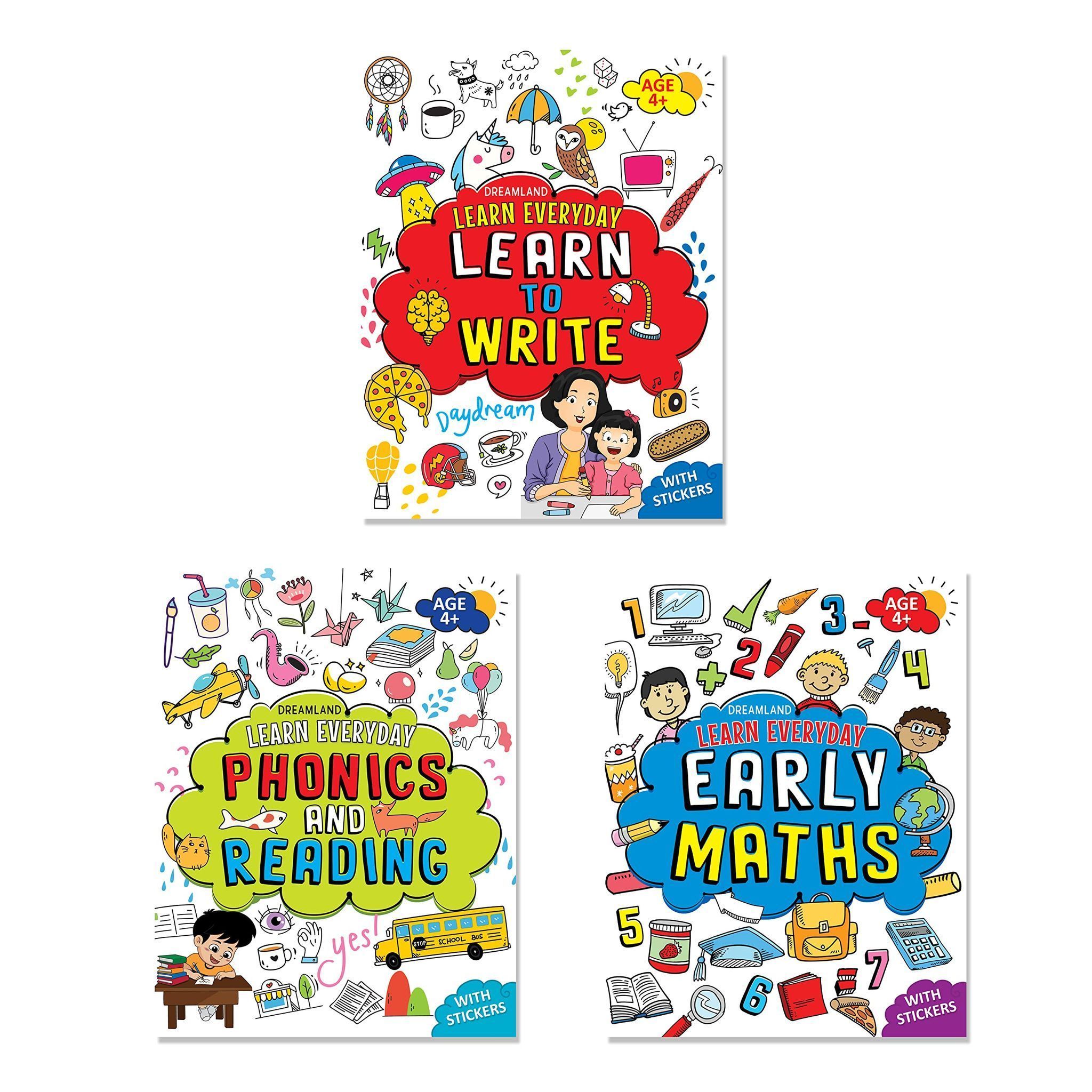 Learn Everyday Books Pack Age 4+ - A Set of 3 Books - Phonics and Reading, Early Maths, Learn to Write Dreamland Publications