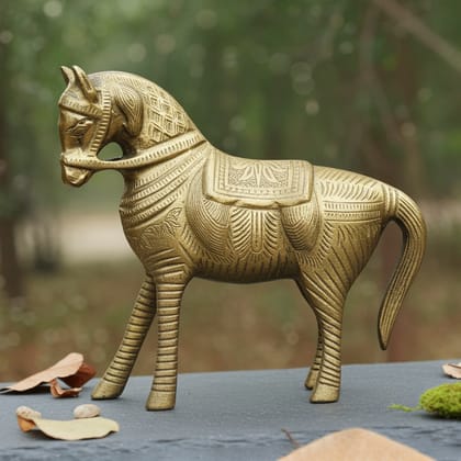 Classic Brass Horse Showpiece For Living Room & Temple Decor, Height : 7.5 Inch (ANMAS075 D)