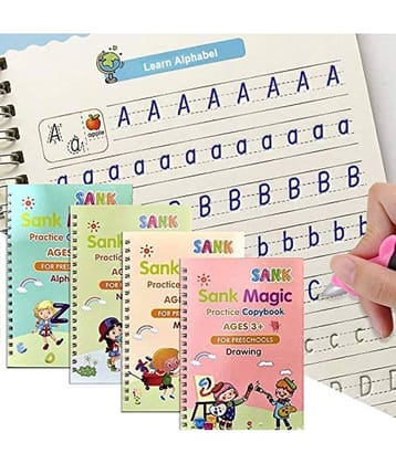Sank Magic Practice Copybook, (4 BOOK + 10 REFILL+ 1 pen +1 grip) Number Tracing, sank magic practice copy book for kids for Preschoolers with Pen, magic reusable Writing Tool Simple Hand Lettering