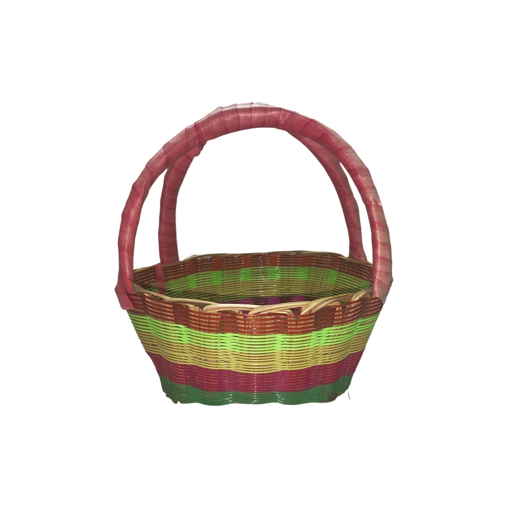**Colorful Handwoven Easter Basket with Pink Handle**