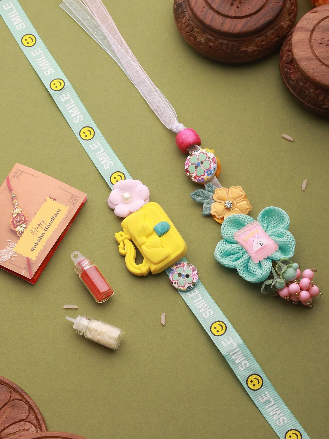 Set Of 2 Cute Handcrafted Ribbon Purse Flower Toy Rakhi Set For Kids
