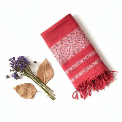 Traditional Embroidered Red Dupatta with Fringe Detail