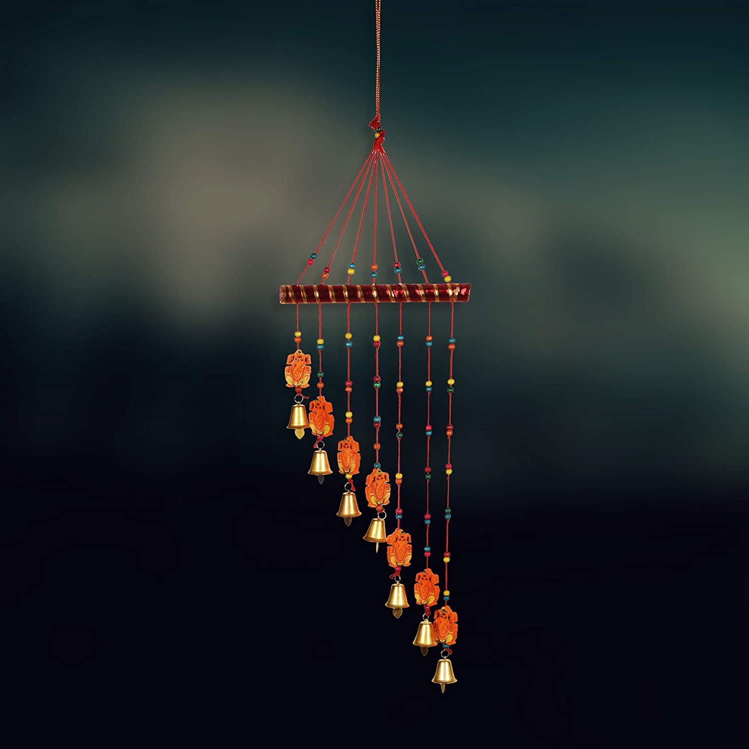 DreamKraft Ganesh Wooden Hanging Windchime (77 cm, Yellow)