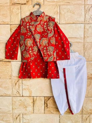 Kabir Kids Fashion Red Printed Kurta Jacket Set with White Dhoti (Boys Ethnic Wear)