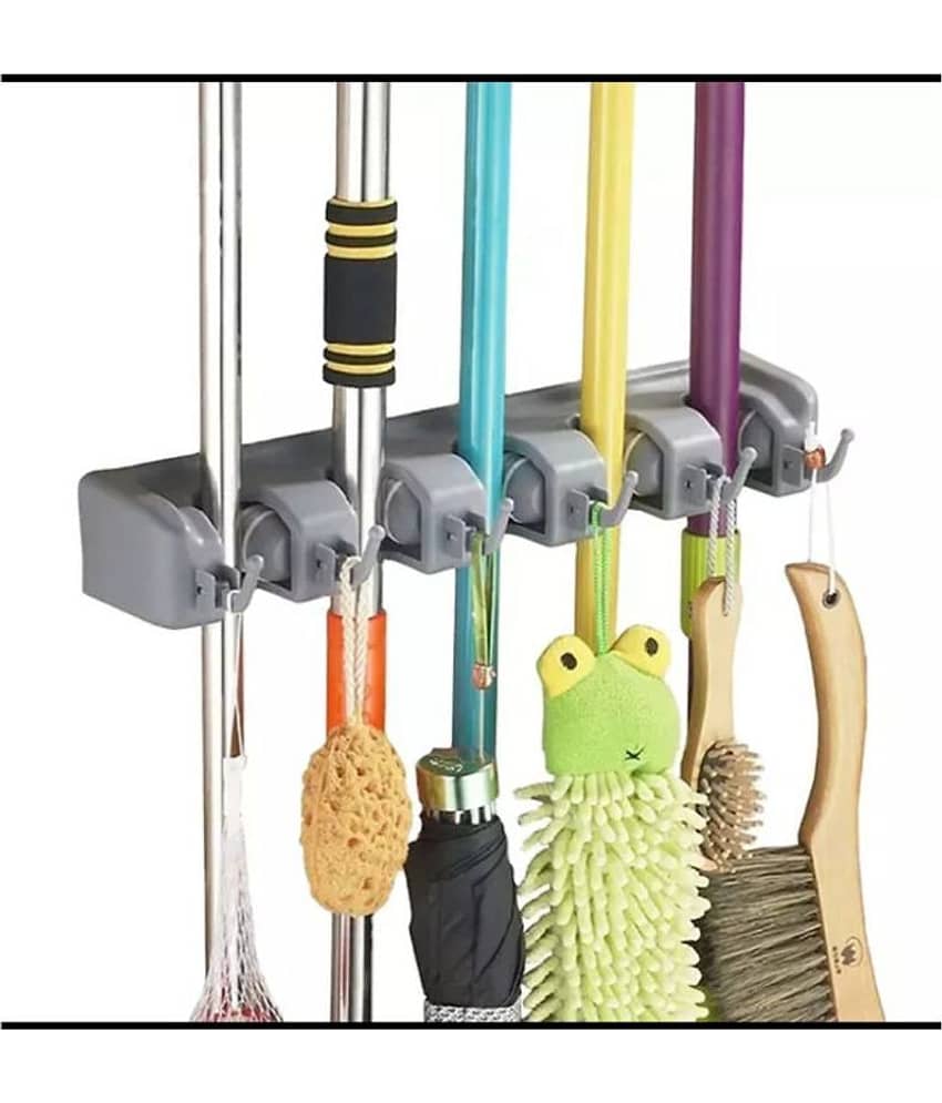 Hingol  Mop and Broom Holder | Wall Hanging, 5 Slots with 6 Inbuilt Hanging Hooks/Magic Holder Broom and Mop Organizer