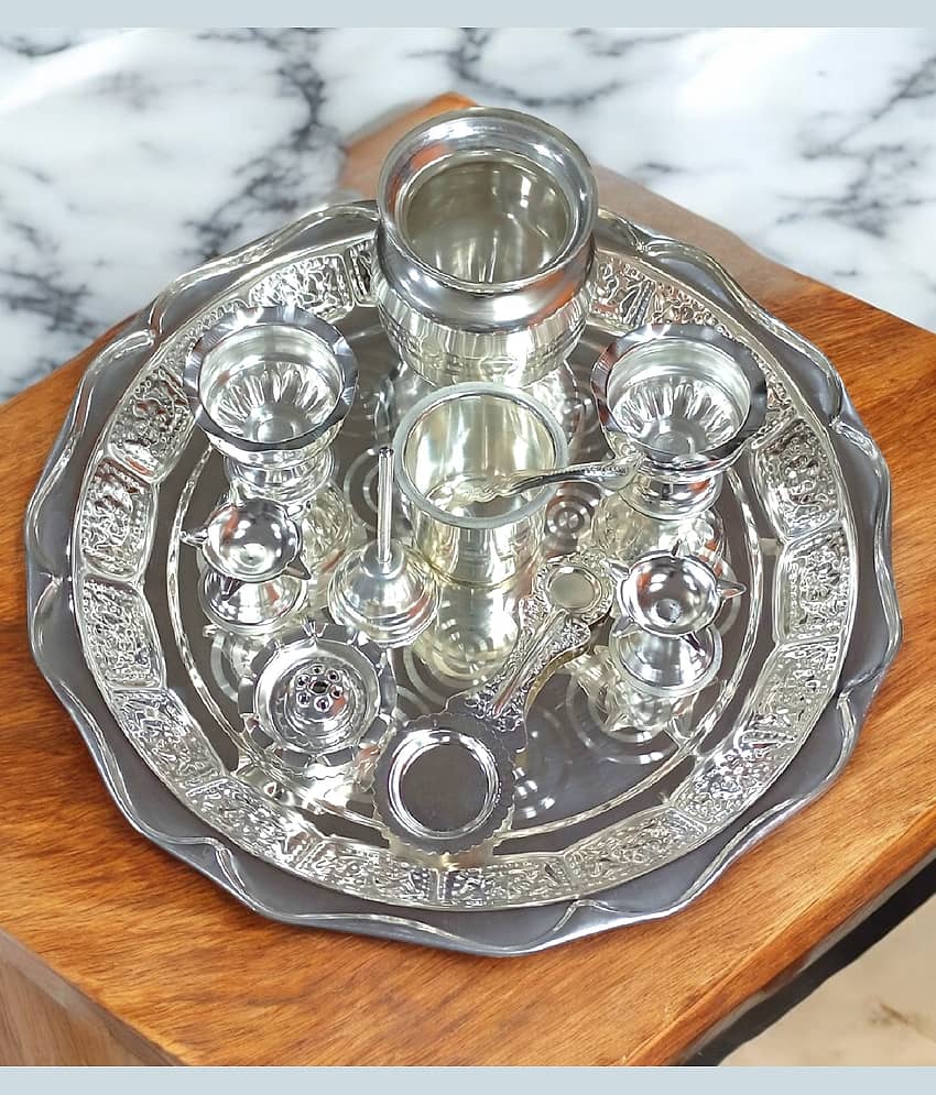 Sigaram Silver Plated Pooja Thali Arathi Set for Home Temple Pooja Festival K4709