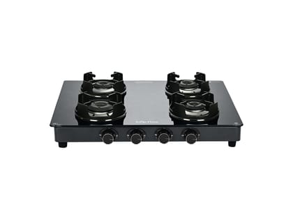 Surya Flame Green 4 Burner Gas Stove, BEE 4-Star Certified, 74% Thermal Efficiency, 1 Jumbo + 3 Tri-Pin Brass Burners, Manual Ignition - Black