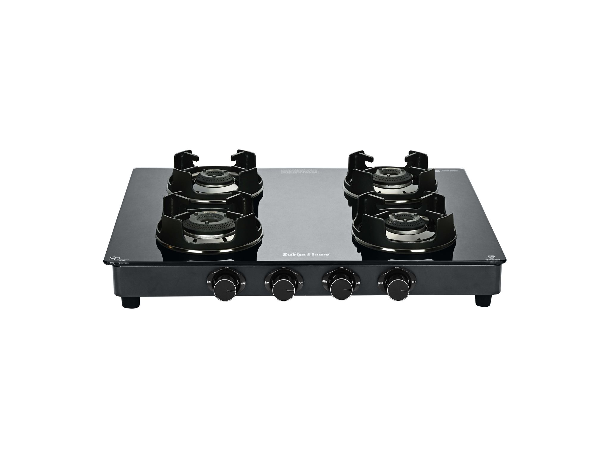 Surya Flame Green 4 Burner Gas Stove, BEE 4-Star Certified, 74% Thermal Efficiency, 1 Jumbo + 3 Tri-Pin Brass Burners, Manual Ignition - Black