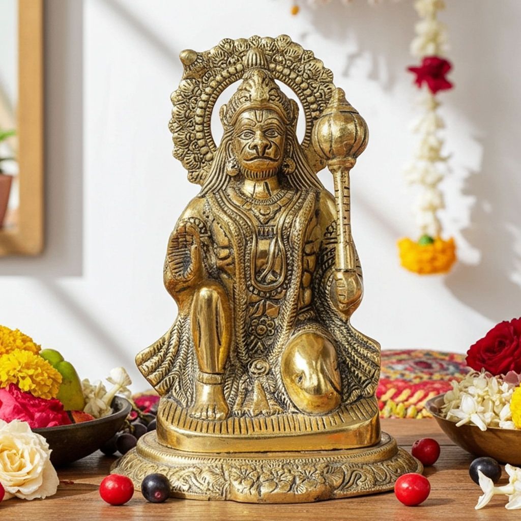 Aluminium Sitting Hanuman Ji Idol � Sacred Spiritual Decorative Murti, Height : 10.5 Inch (ASMAS489 G)