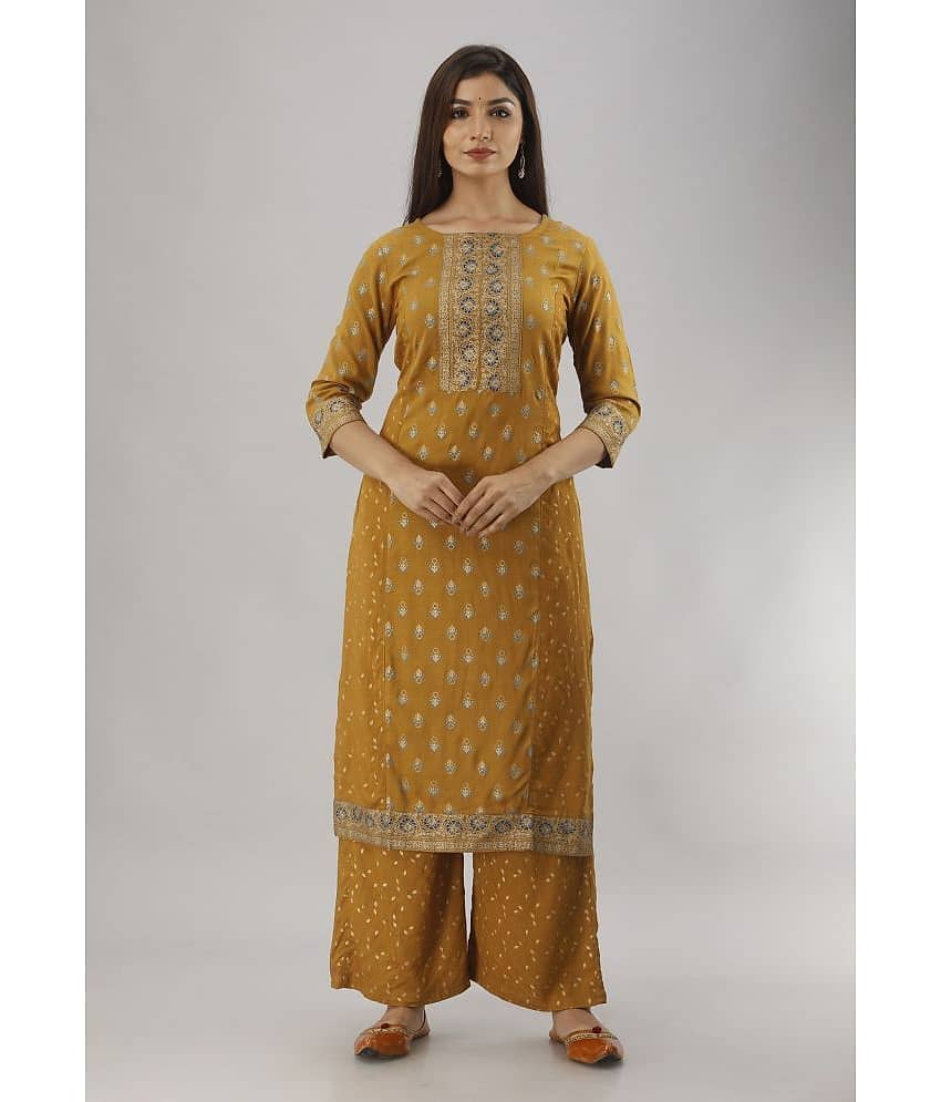 MAUKA - Gold Straight Rayon Women's Stitched Salwar Suit ( Pack of 1 )
