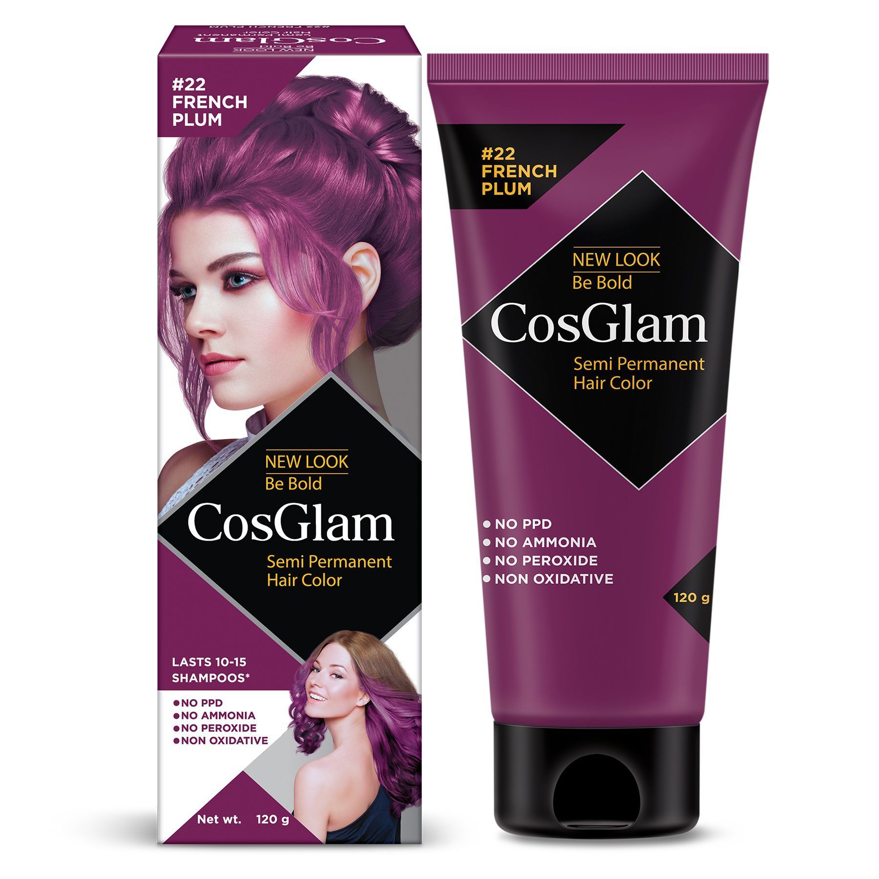 COSGLAM Semi Permanent Hair Color, No Peroxide, Non Oxidative, Ammonia Free Hair Colour 22 French Plum - 120gm
