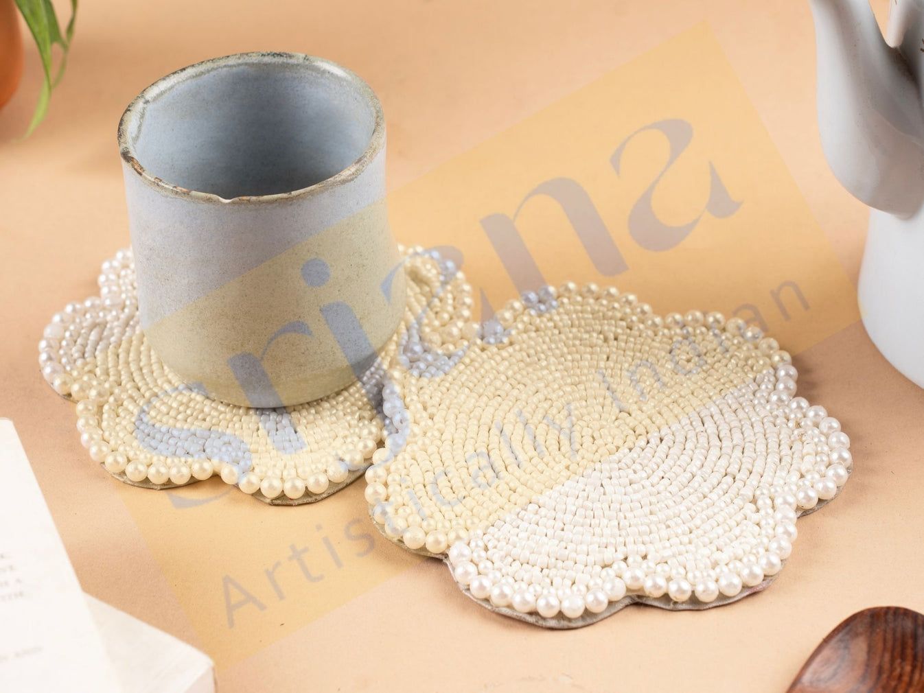 Srjana Handcrafted White Beaded Coaster 1pc