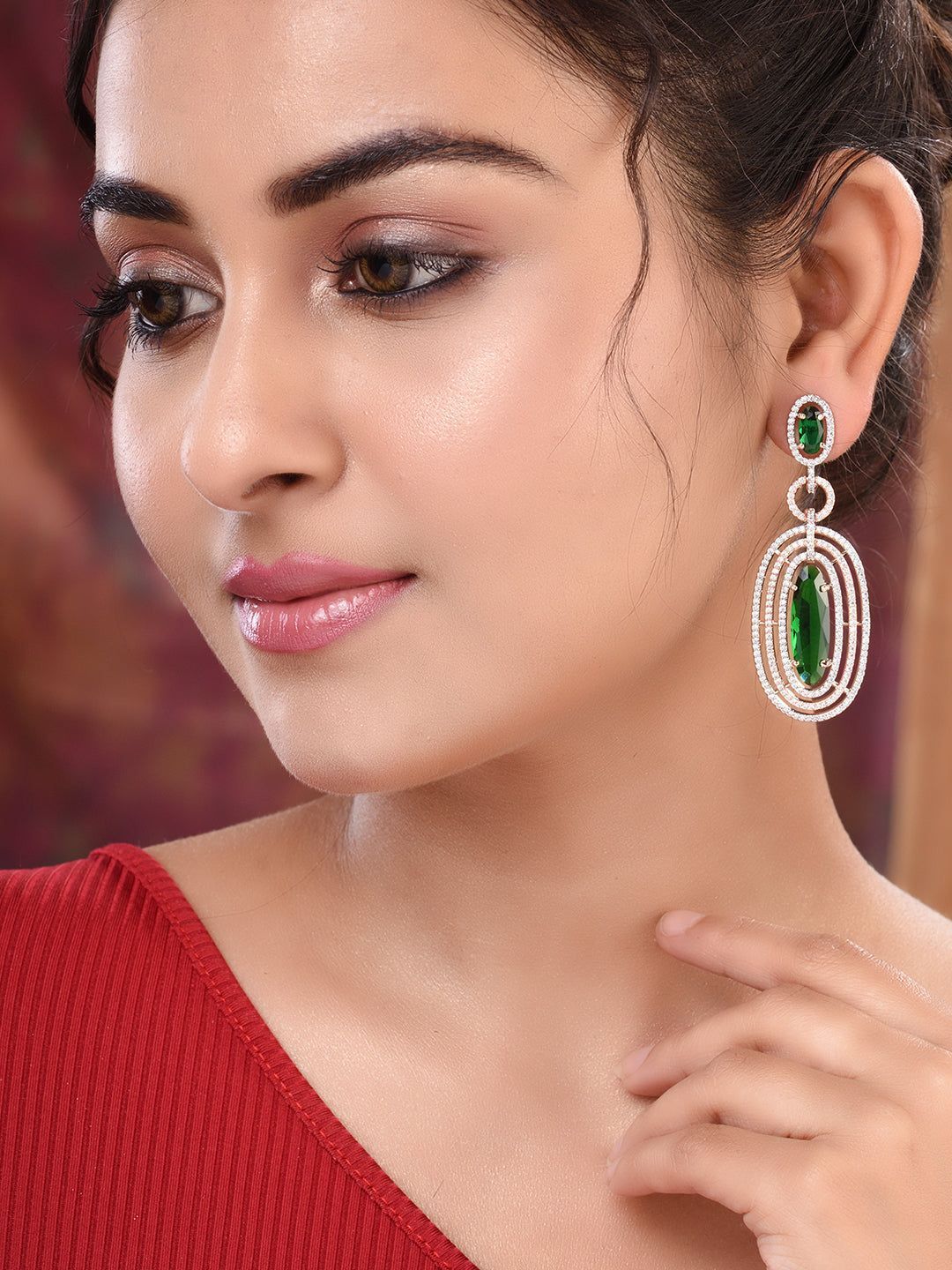 Rose Gold Plated Green AD Studded Oval Statement Earrings