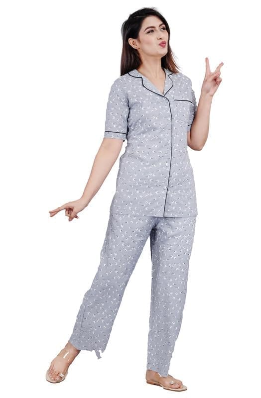 Women's Casual Half Sleeve Printed Viscose Rayon Shirt with Pyjama Pant Night Suit Set (Grey, XL)-PID47195