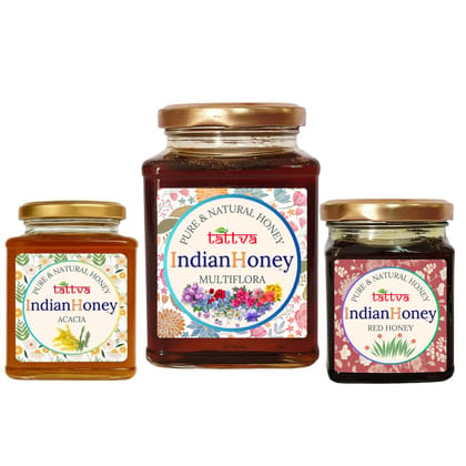 IndianHoney Himalayan Multiflora, Rare & HighFlavonoid Red Honey, & Rajasthan Acacia Honey Triple Combo Pack (500gm + 2x230gm) IndianHoney Himalayan Multiflora, Rare & HighFlavonoid Red Honey, & Rajasthan Acacia Honey Triple Combo Pack (500gm + 2x230gm)