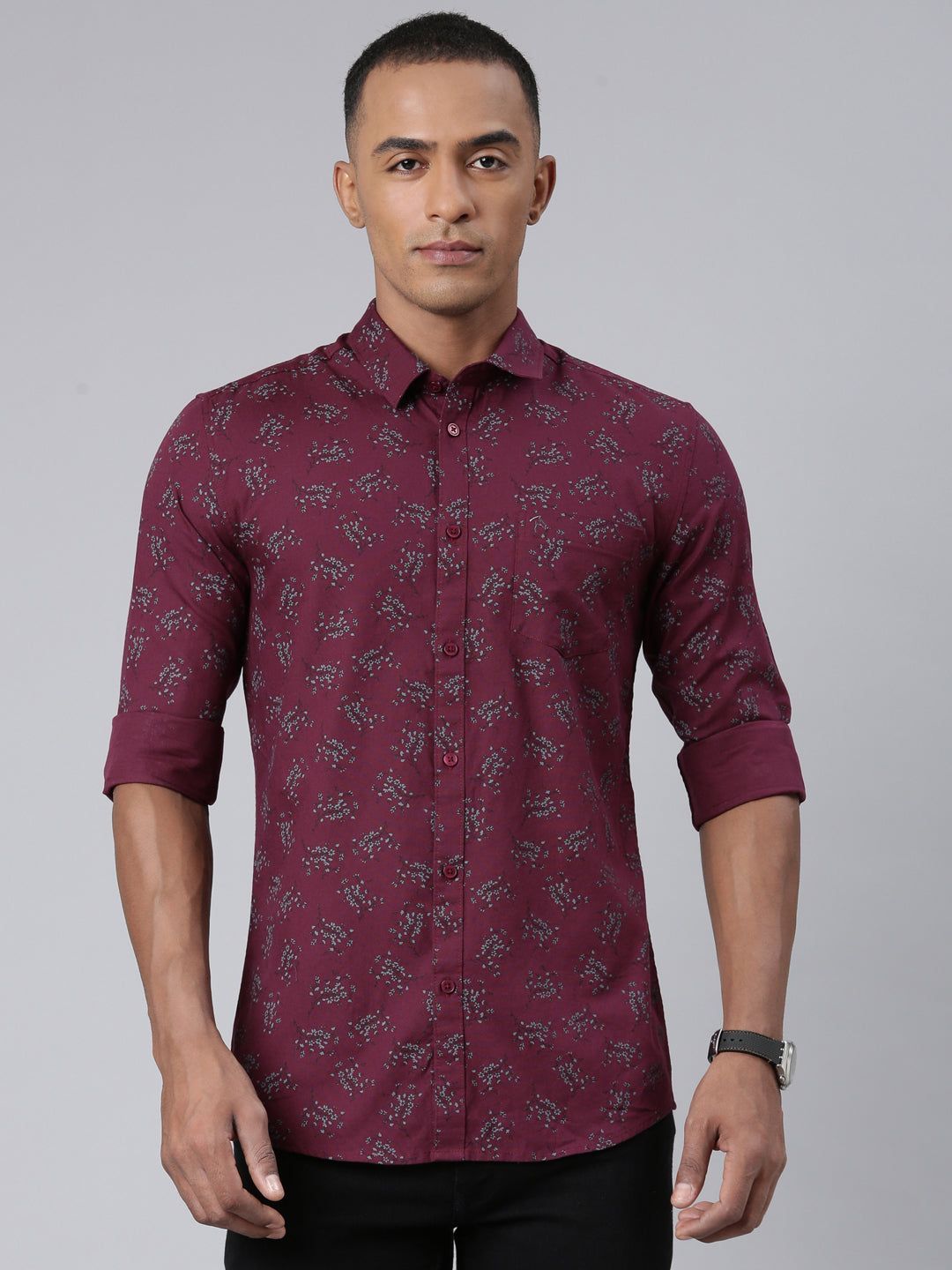 Classic Polo Bro Mens Aop Maroon Polo Neck Woven Slim Fit Shirt | SBP1-19 B-FS-PRT-BSL