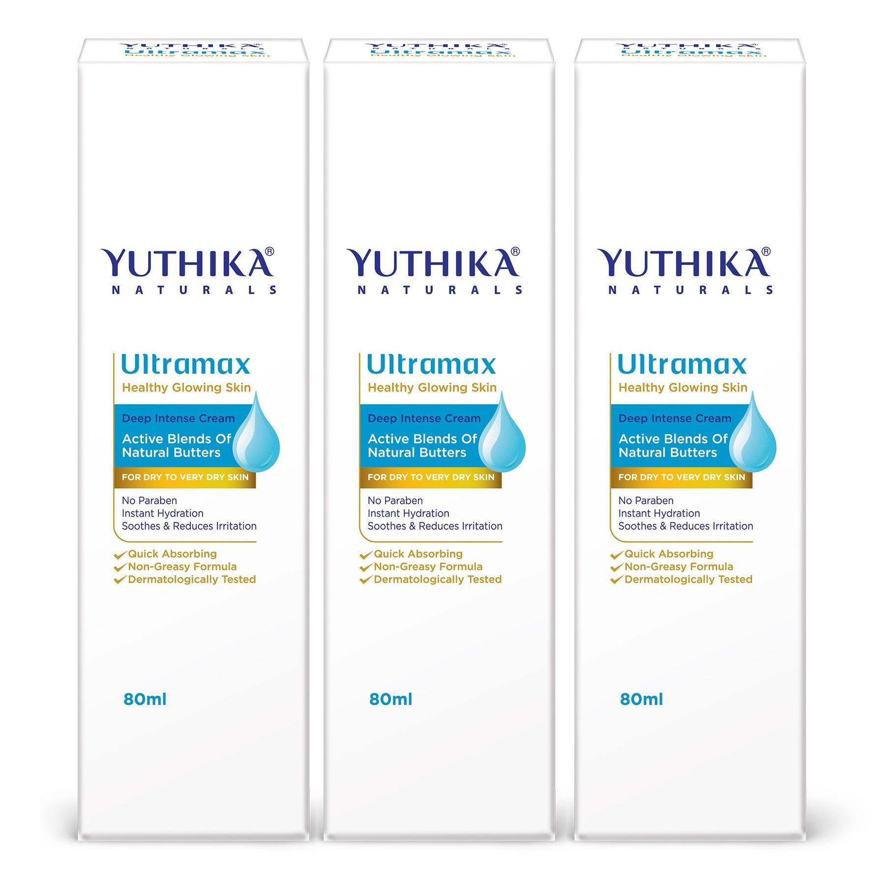 Yuthika Ultramax Deep Intense Moisturizing Cream for Dry to Very Dry Skin 80ml Pack of 3, Dermatologically Tested