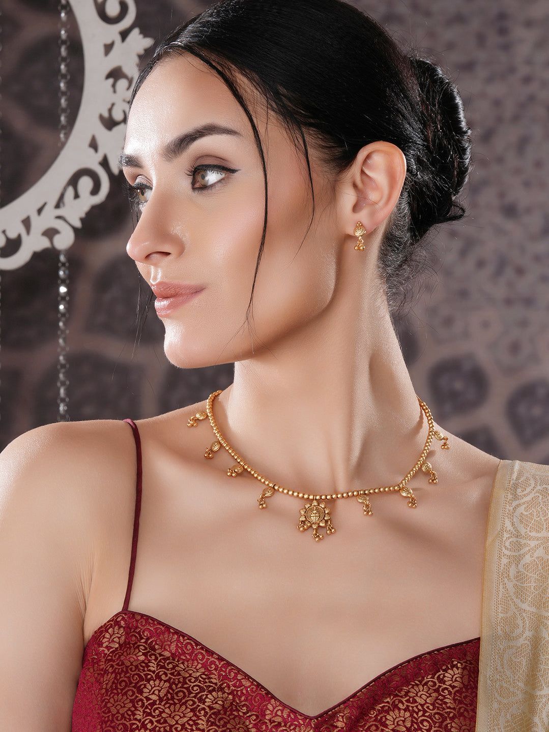 Gold Plated Gold Beads Delicate Temple Goddess Lakshmi Pendant  Minimal Jewellery Set