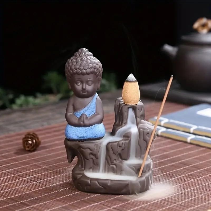 Craftvatika Meditating Monk Buddha Smoke Backflow Cone Incense Holder Showpiece For Office Desk,Living Room,Home