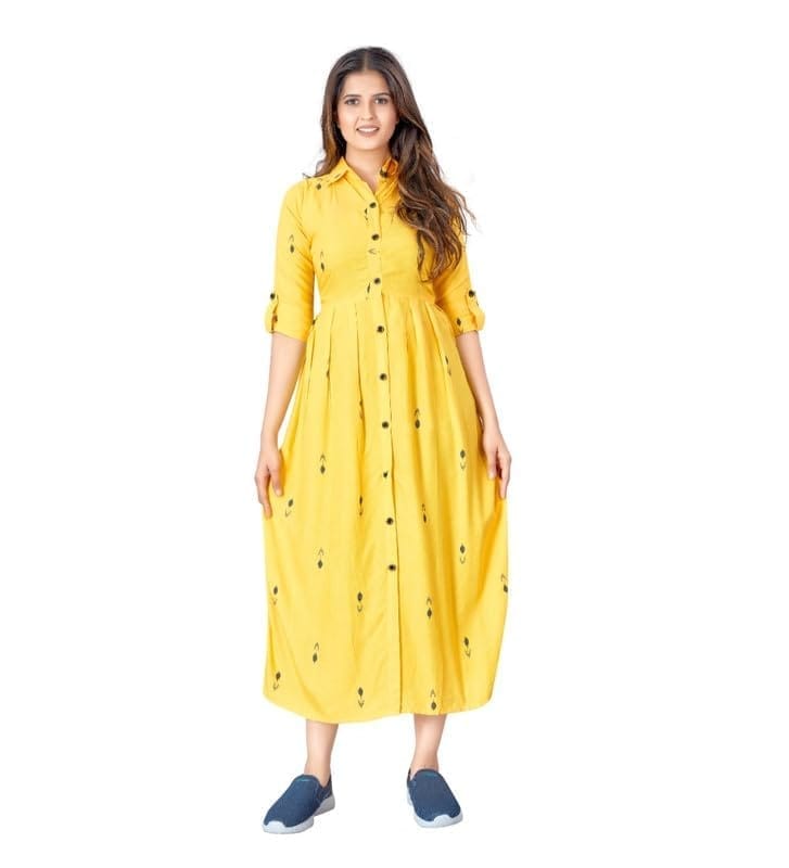 Women's Casual 3/4th Sleeve Printed Rayon Kurti (Yellow, 2XL)-PID46182