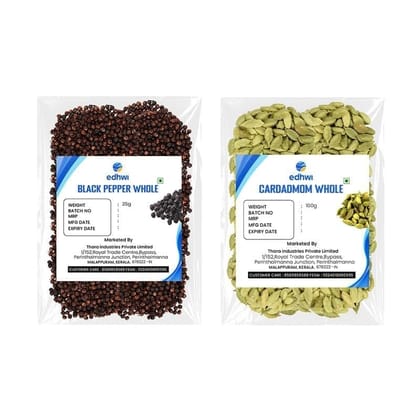 EDHWI Black Pepper 25g & Cardamom 100g Combo | Freshly Ground Spices for Cooking, Baking & Flavoring
