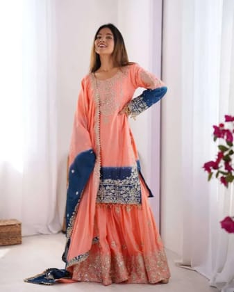 Womens Chinon Silk Sequence With Rivet Moti Work Straight Kurta With Sharara and Dupatta Set Womens Chinon Silk Sequence With Rivet Moti Work Straight Kurta With Sharara and Dupatta Set