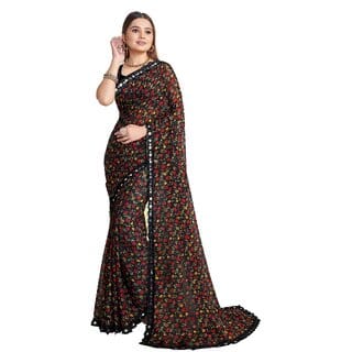 SVB Sarees Womens Black Colour Floral Printed Georgette Saree White Lace Border