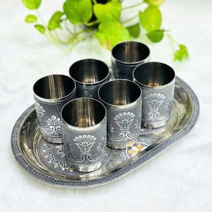 Navrang Steel Meenakari Serving Tray Set with 6 Glass Lemon Set, Gift (Pack of 7)