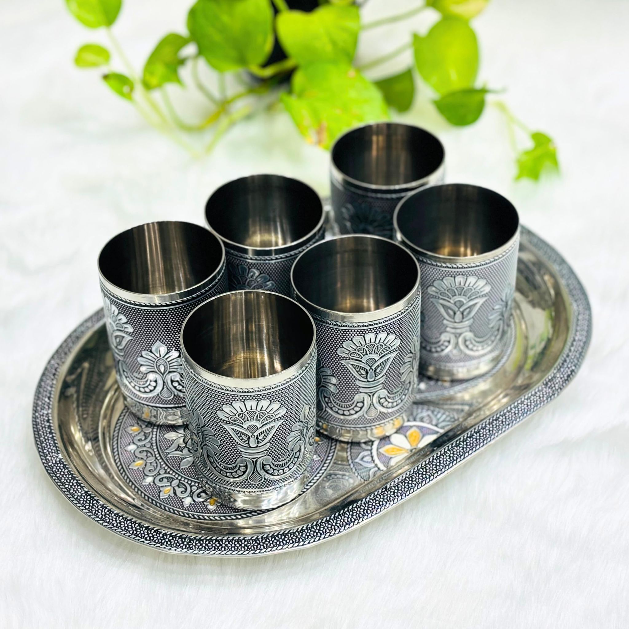 Navrang Steel Meenakari Serving Tray Set with 6 Glass Lemon Set, Gift (Pack of 7)