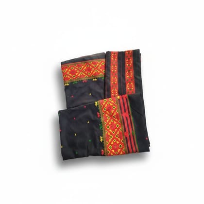 Traditional Embroidered Black Saree with Red Border