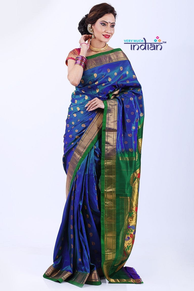 Pure Silk Handloom Maharani Paithani - Dual tone Beautiful Blue Green with Green Border(Available in Floral Buttis)