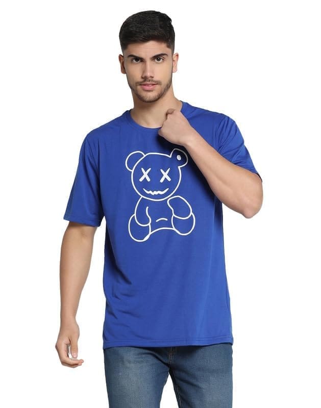 Men's Casual Half Sleeve Printed Cotton Blended Round Neck T-Shirt (Royal, S)-PID47141