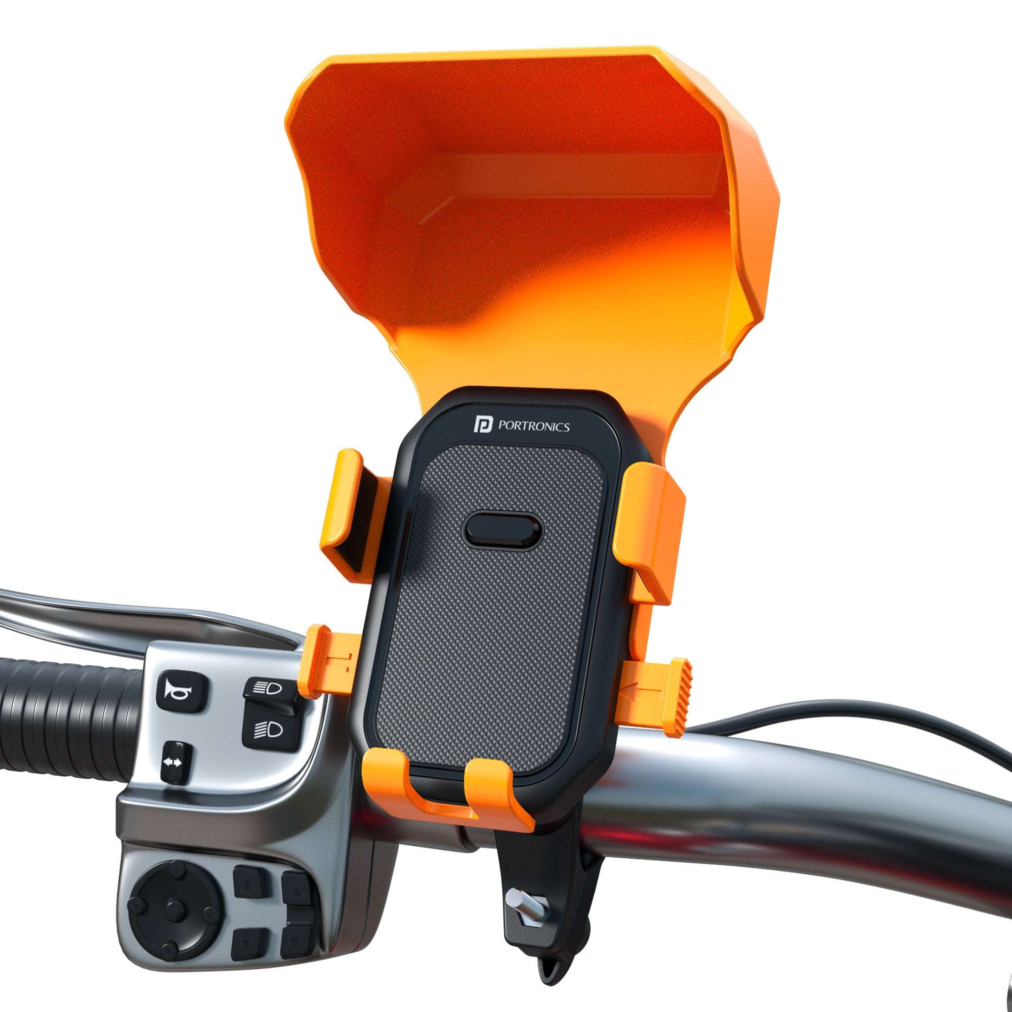 Portronics Mobike 4 Plus Handlebar Mount Mobile Holder with Sunshade & Light Rain Protection, One-Press Release, 360° Rotation, 4-Point Grip Lock, Fits 5.4–6.7 Inch Smartphones, for Maps & Navigation