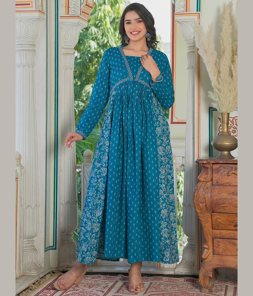 Vbuyz Cotton Printed Anarkali Women's Kurti - Blue ( Pack of 1 )