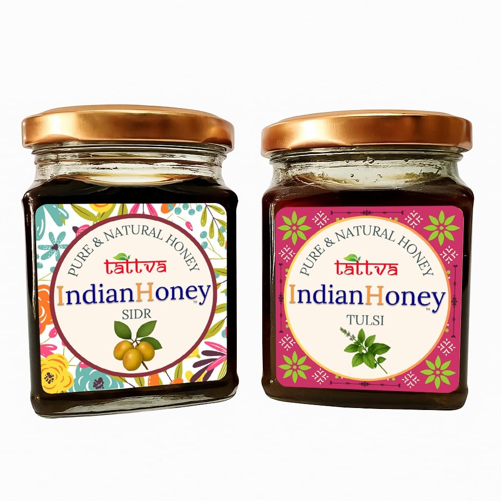 IndianHoney Premium & Highly Medicinal Sidr Honey & Ayurvedic & Stress-Relief Tulsi Infused Honey Combo Pack (230gm & 230gm)