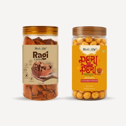 Blute life Millet Masala Chips and Roasted/Flavoured Makhana Combo 150g + 80g Pack (Ragi Chips & Peri Peri Magic Makhana Combo, Masala & Peri Peri Magic)