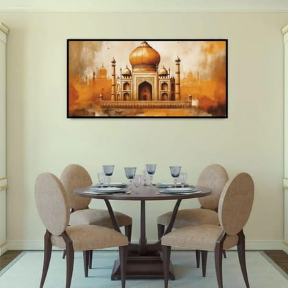 Luminary Majestic Taj – Heritage Dome Monument Museum-Quality Cotton Canvas Art for Dining Room Décor | Frame Size (127 X 69 Cm) | Frame Type (Black) | 5-Year Warranty