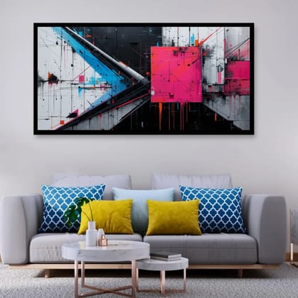 Luminary Neon Dimensions–Geometric Pop Museum-Quality Cotton Canvas Handprint for Urban Loft Décor | Frame Size (127 X 69 Cm) | Frame Type (Black) | 5-Year Warranty
